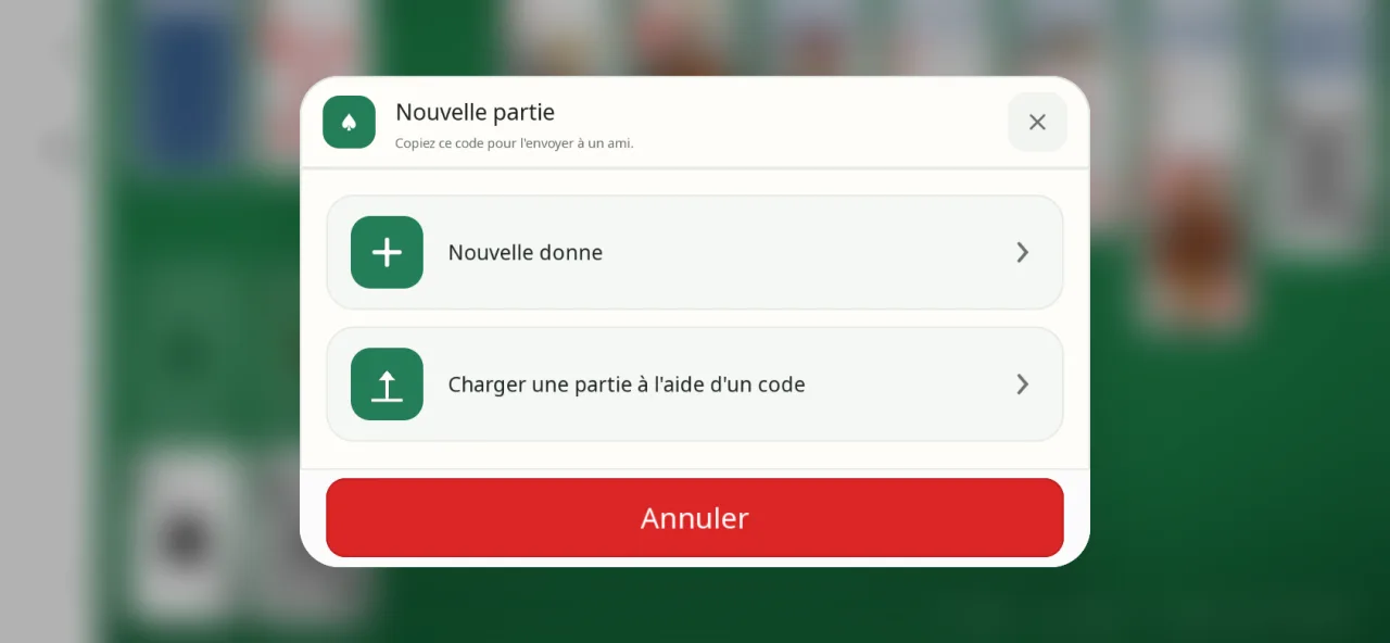 Fenêtre Nouvelle partie de l’app au-dessus du plateau flouté : deux choix, « Nouvelle donne » et « Charger une partie à l’aide d’un code », et un bouton Annuler.